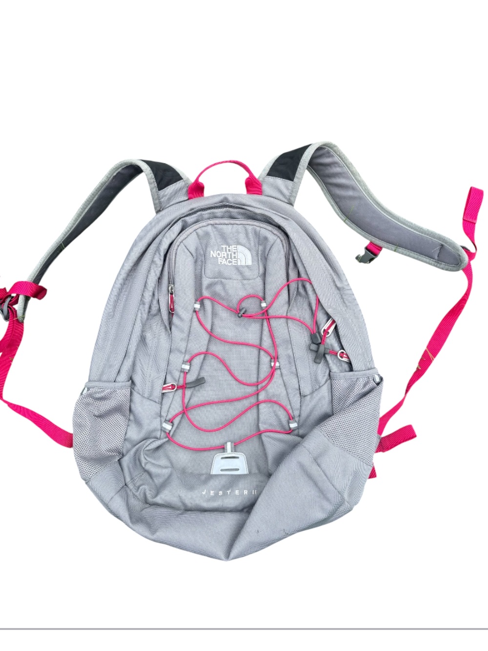 The North Face Light Gray Backpack with Pink Accents